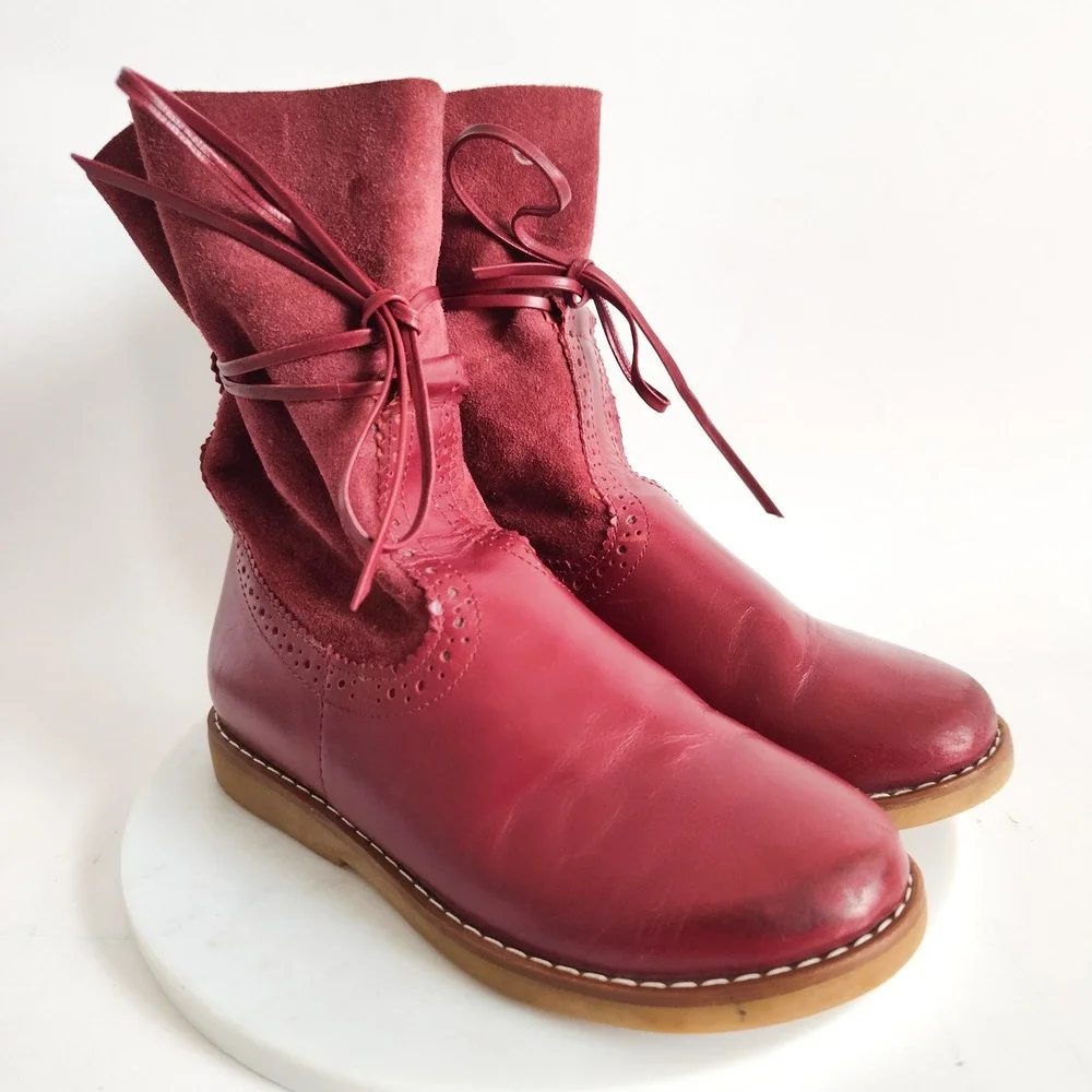 Elephantito Boots Girls Size 12 Mid-Calf Brogue LeatherNubuck‎ Red Bow Detail